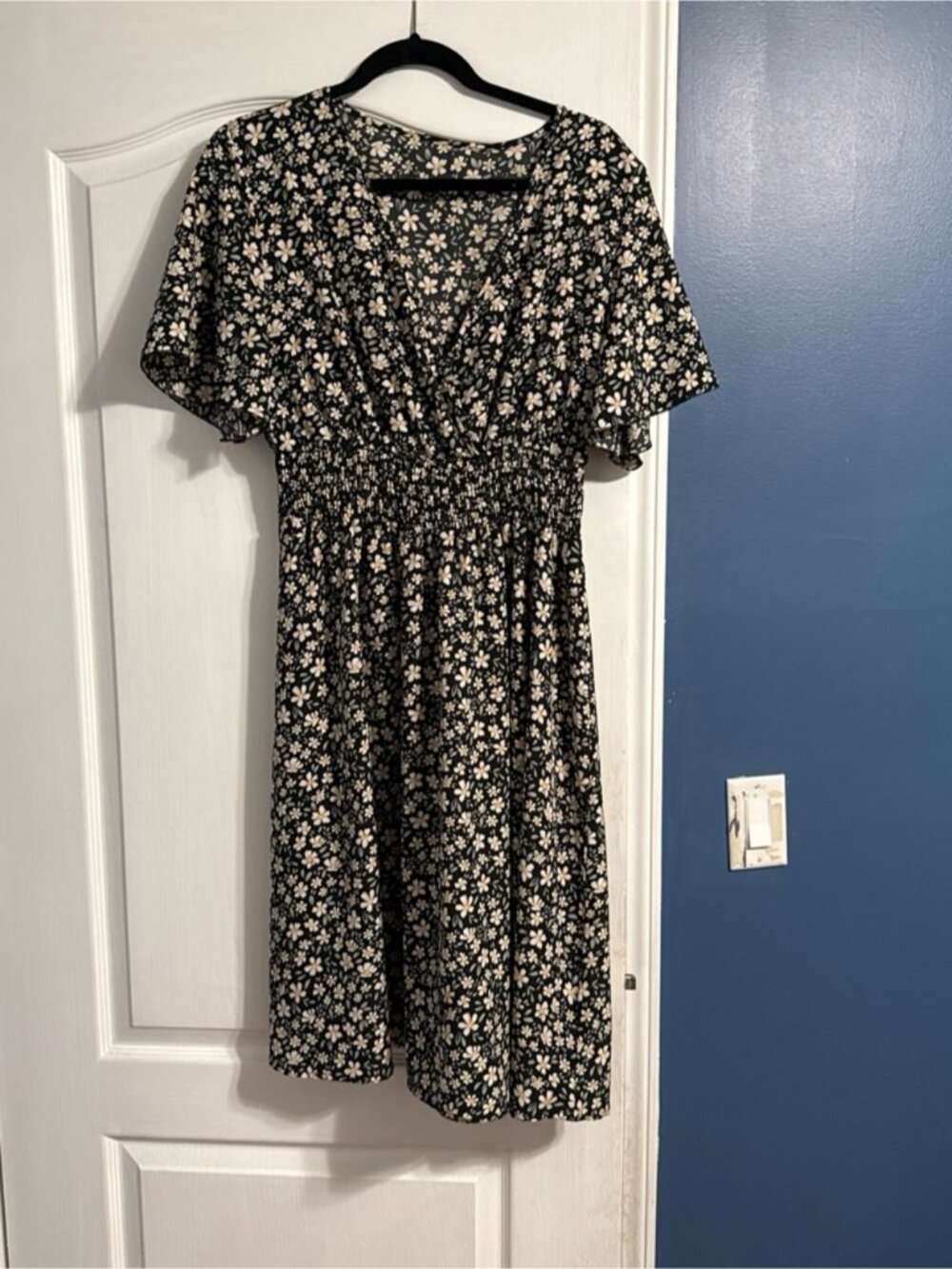 SHEIN Black Midi Dress with Cream Floral Print